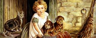 gemaltes Bild "Mdchen mit Hundewelpen und Katze in der Stalltr"